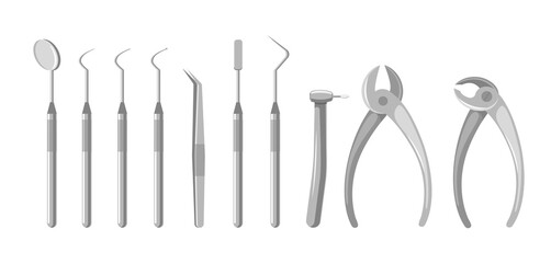 Professional Dental tools set for dentistry inspection and tooth healthcare equipment isolated on white background.  Vector flat illustration. Design for dental, dentist or stomatology clinic