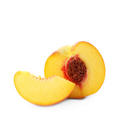 Cut fresh ripe peach isolated on white