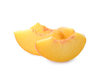 Slices of ripe peach on white background