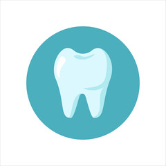 Clean white teeth icon isolated on blue circle background. Dental care concept. Design for dental, dentist or stomatology clinic. Vector flat illustration