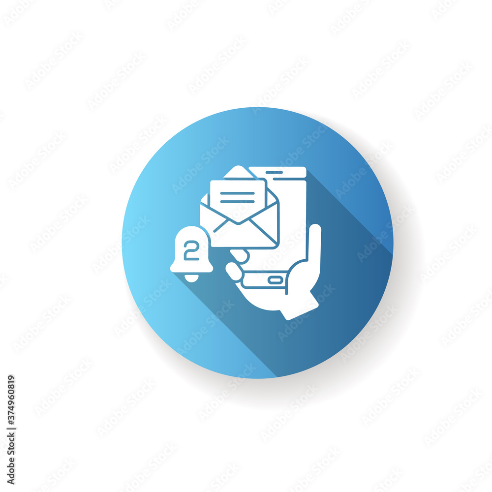 Poster email alert flat design long shadow glyph icon. message on smartphone screen. mobile banking app not