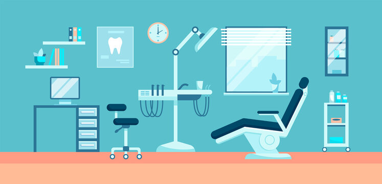 Dental room interior with dentist chair, lamp and drilling machine vector illustration. Clinic with modern medical instrument for teeth treatment. Dental office concept. Design  for banner, poster.