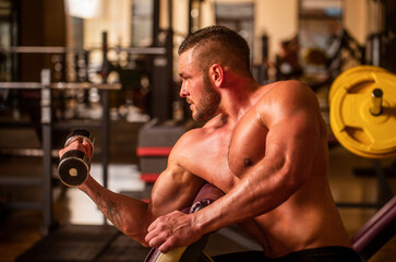 Man bodybuilder doing exercises with dumbbells. Fitness man lifting dumbbell. Bodybuilder working...