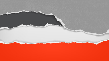 Pieces of torn, ripped red, black and grey paper with soft shadow are on white background for text. Vector illustration