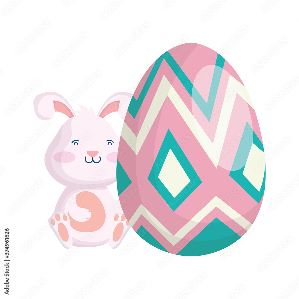 Poster cute easter little rabbit with egg paint character