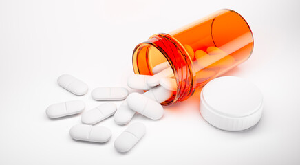 White pills with bottle on white background - 3D illustration