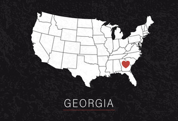 Love Georgia Picture. Map of United States with Heart as City Point. Vector Stock Illustration