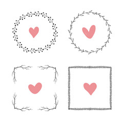 Set of Hand Drawn Herbal Round and Square Frames. Hand Drawn Floral Frames and Hearts