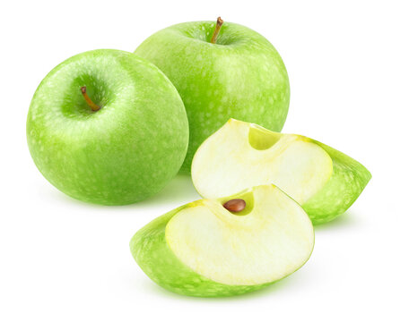 Isolated green apples. Two whole Granny Smith apples and two wedges isolated on white background