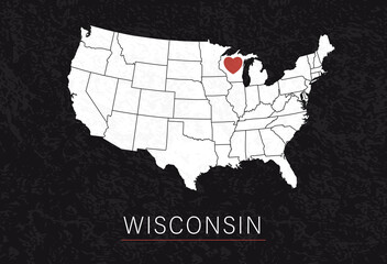 Love Wisconsin Picture. Map of United States with Heart as City Point. Vector Stock Illustration