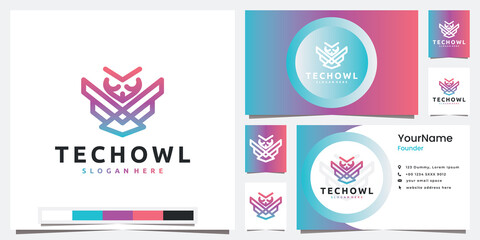 set logo technology with owl line art style logo design inspiration