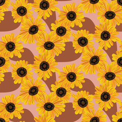 Blooming sunflowers seamless vector pattern. Yellow surface print design for fabrics, stationery, scrapbook paper, packaging, gift wrap, and home decor.