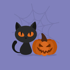 Halloween cat with pumpkin. Black kitten sitting near pumpkin. Flat design. Vector illustration