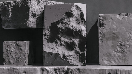 Stone block shapes, rough textured rock pieces cave grunge wall. 3d rendering