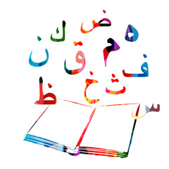 Education and learning concept with Arabic alphabet letters. Colorful open book with Arabic Islamic calligraphy symbols vector illustration