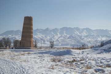 Burana Tower and Mountain Range near Tokmok, Kyrgyzstan