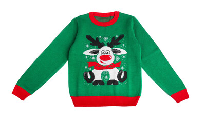 Warm Christmas sweater with deer isolated on white, top view