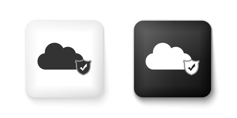 Black and white Cloud and shield with check mark icon isolated on white background. Cloud storage data protection. Security, safety, protection, privacy. Square button. Vector.