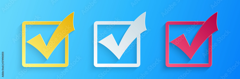 Poster paper cut check mark in a box icon isolated on blue background. tick symbol. check list button sign.
