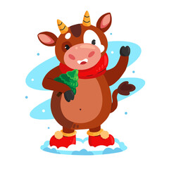 Bull character for the new year 2021. Bull with a Christmas tree. New Year vector illustration.