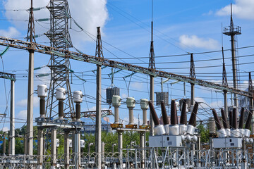 Outdoor power plant, close-up. Electrical substation with power transformers and measuring elements