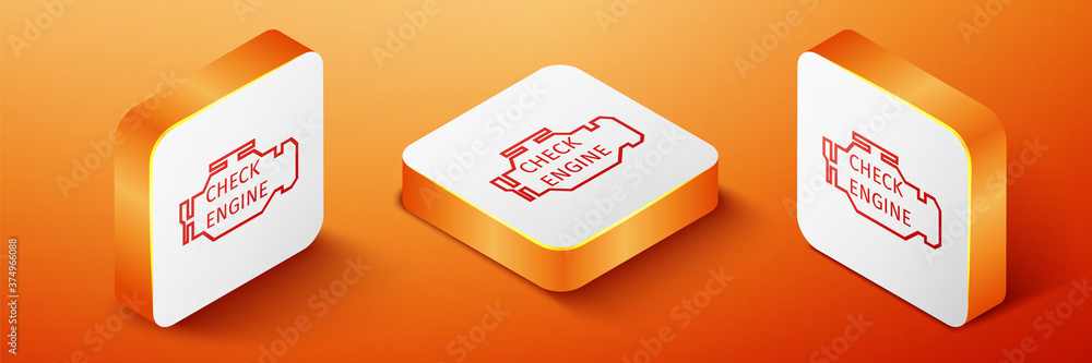 Poster isometric check engine icon isolated on orange background. orange square button. vector.