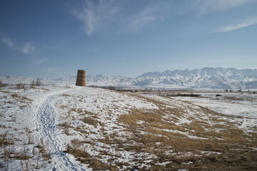 Burana Tower and Mountain Range near Tokmok, Kyrgyzstan