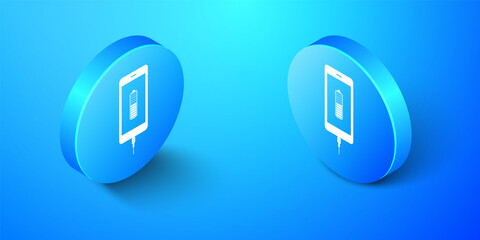 Isometric Smartphone battery charge icon isolated on blue background. Phone with a low battery charge and with USB connection. Blue circle button. Vector.