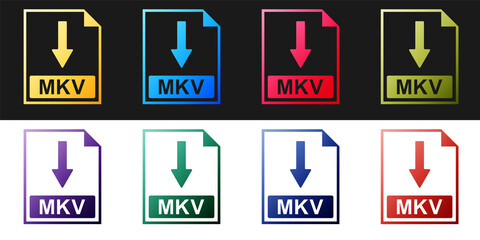 Set MKV file document icon. Download MKV button icon isolated on black and white background. Vector.