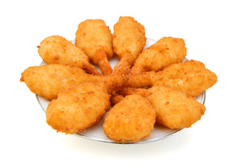 Breaded Butterfly Prawns - Deep fried battered prawns filled in white plate on white background