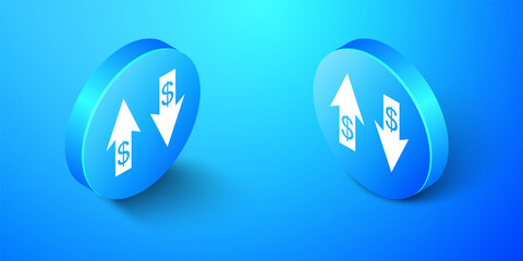 Isometric Up and Down arrows with dollar symbol icon isolated on blue background. Business concept. Blue circle button. Vector.