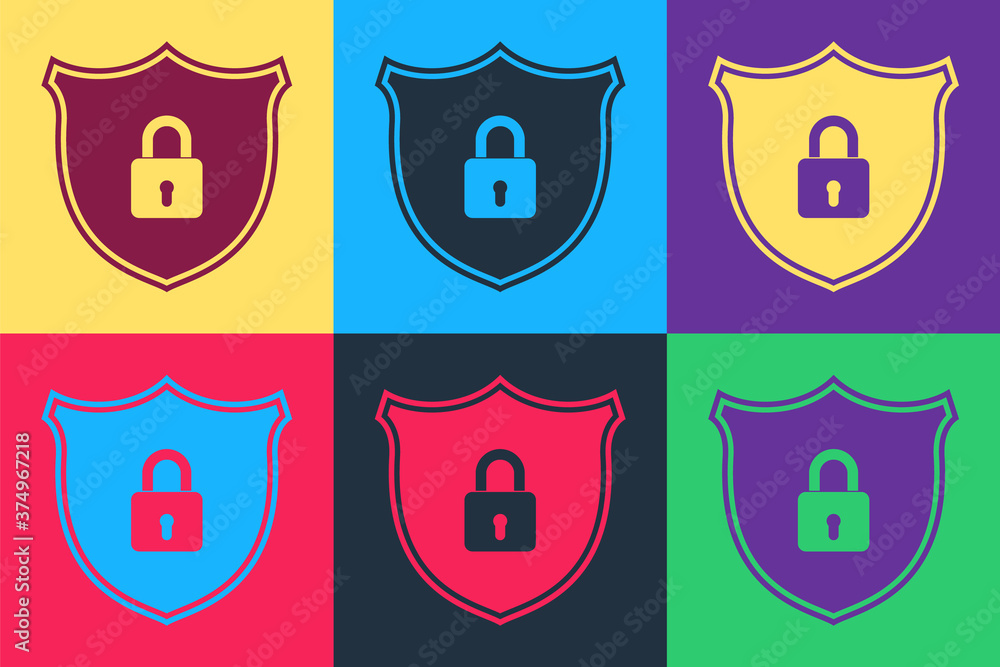 Aufkleber pop art shield security with lock icon isolated on color background. protection, safety, password se