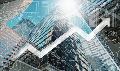 Modern high office buildings in city.