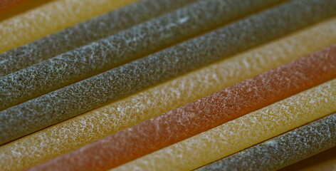 close up of colorful tricolor spaghetti pasta