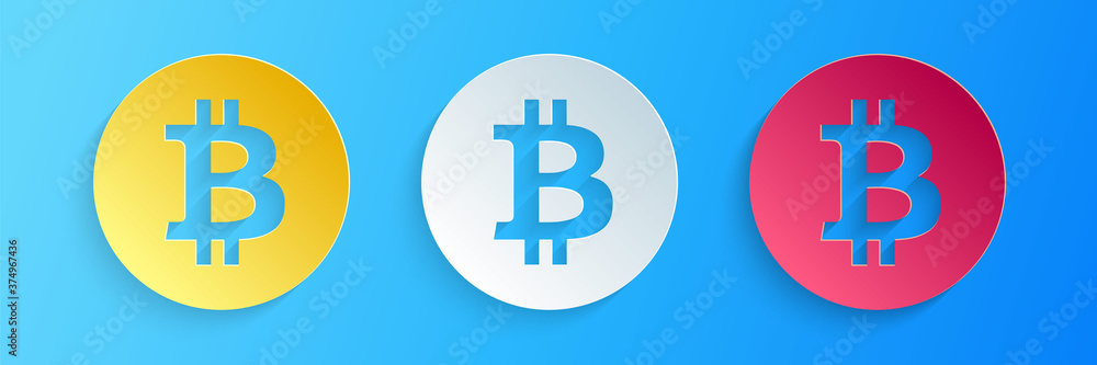 Poster paper cut cryptocurrency coin bitcoin icon isolated on blue background. physical bit coin. digital c