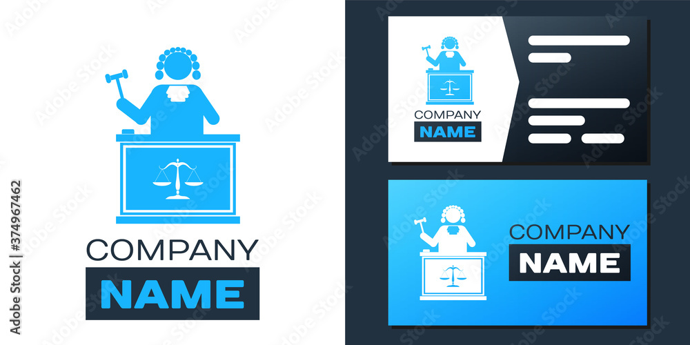 Poster logotype judge with gavel on table icon isolated on white background. logo design template element. 