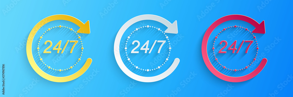 Poster paper cut open 24 hours a day and 7 days a week icon isolated on blue background. all day cyclic ico
