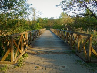 Old sunny wooden bridge at sunset in Hungarian rural area in summer