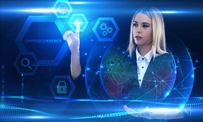 Business, Technology, Internet and network concept. Young businessman working on a virtual screen of the future and sees the inscription: Cryptocurrency
