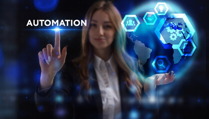 Business, Technology, Internet and network concept. Young businessman working on a virtual screen of the future and sees the inscription: Automation