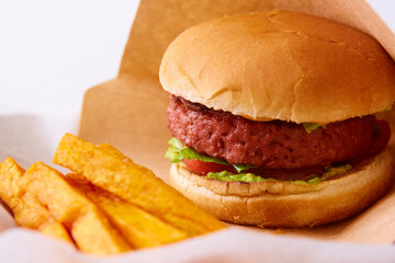 Vegan Homemade Portabello Mushroom Black Bean Burger with Fries