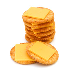 Delicious crackers with cheese on white background