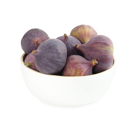 Whole tasty fresh figs in bowl on white background