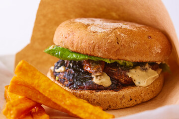 Vegan Homemade Portabello Mushroom Black Bean Burger with Fries