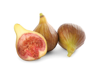 Whole and cut tasty figs isolated on white