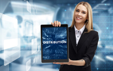 Business, Technology, Internet and network concept. Young businessman working on a virtual screen of the future and sees the inscription: Distribution