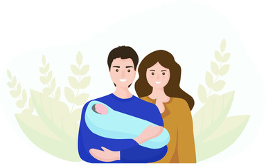 Family with a newborn child. The father holds a small child in his arms, the mother stands beside him. The concept of family values, motherhood and paternity . background of the leaves with nature
