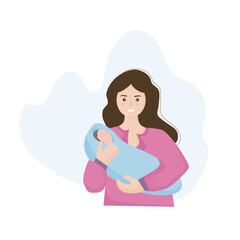 A woman holds a newborn baby in her arms. The concept of motherhood and family values. vector flat illustration.