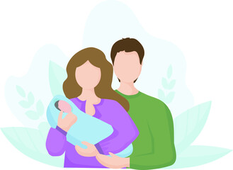 Family with a newborn child. A woman's mother holds a small child in her arms, a man's father holds them firmly. Concept of motherhood and fatherhood, family values. background of leaves with nature. 