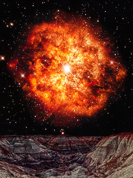 Conceptual Wolf-Rayet star rising over the Blue Mesa, Petrified Forest National Park, Arizona, USA